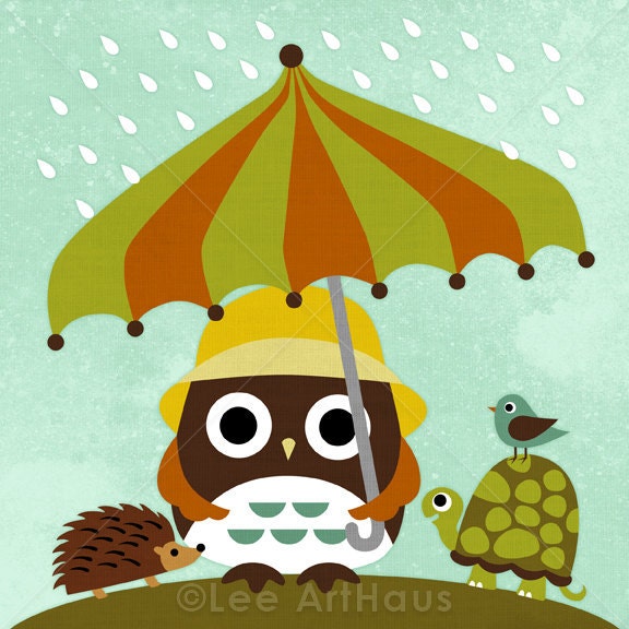 185R Retro Owl with Umbrella 6x6 Print