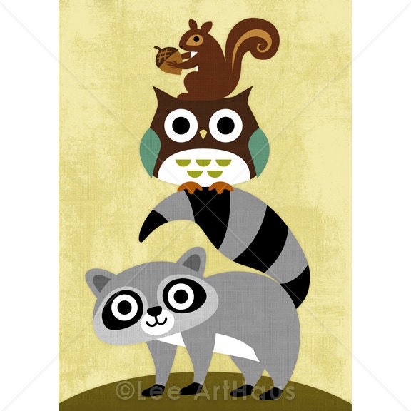 120R Retro Owl, Raccoon and Squirrel Print 5x7