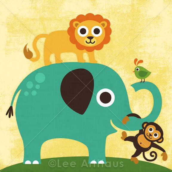 138B Bright Elephant, Lion, Monkey and Bird 6x6 Print