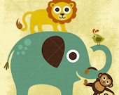 138R Retro Elephant, Lion, Monkey and Bird 6x6 Print