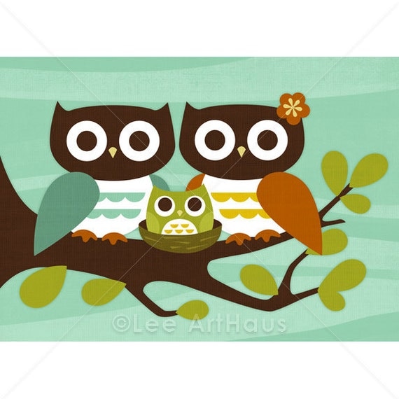 192R Retro Mom and Dad Owl with Baby Boy Owl 5x7 Print