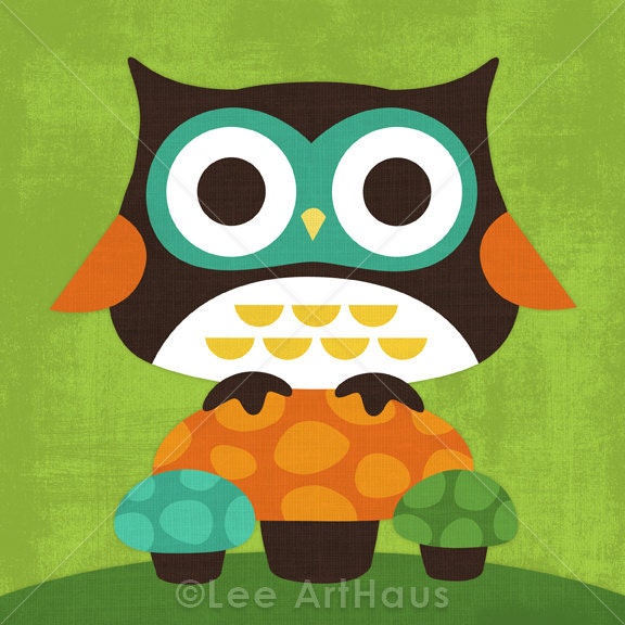 13B Bright Owl with Three Mushrooms 6x6 Print
