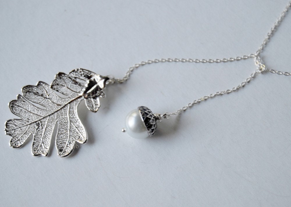 Silver Oak Leaf and Pearl Acorn Lariat