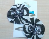 Black animal print yoyo flower posie hair clip reclaimed fabric baby button