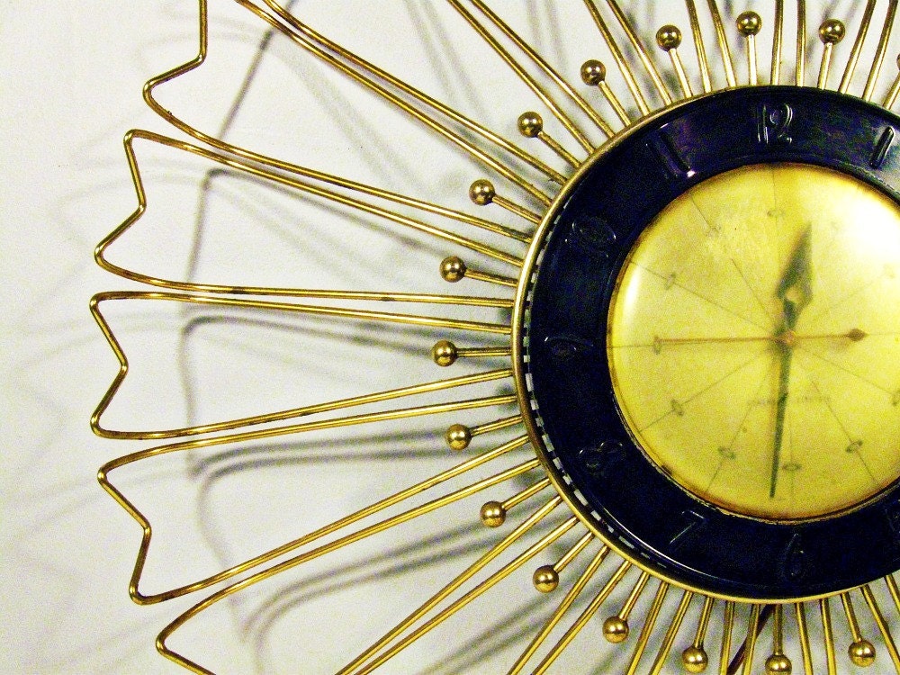 vintage wall clock - starburst atomic mod - brass - General Electric - 20 inch - 1960s