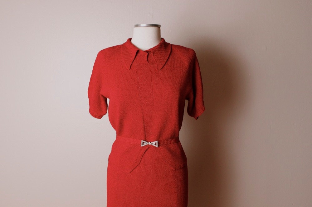 Vintage 1930's Sweater Shirt Skirt Set Dress Red Small