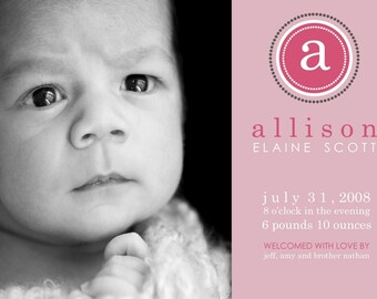 custom photo birth annoucement -dotted monogram