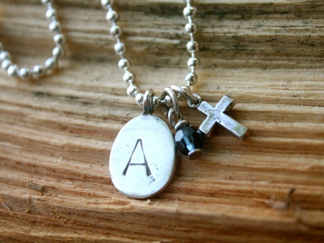 Hand Stamped Oval Tag Necklace with Crystal and Sterling Silver Cross