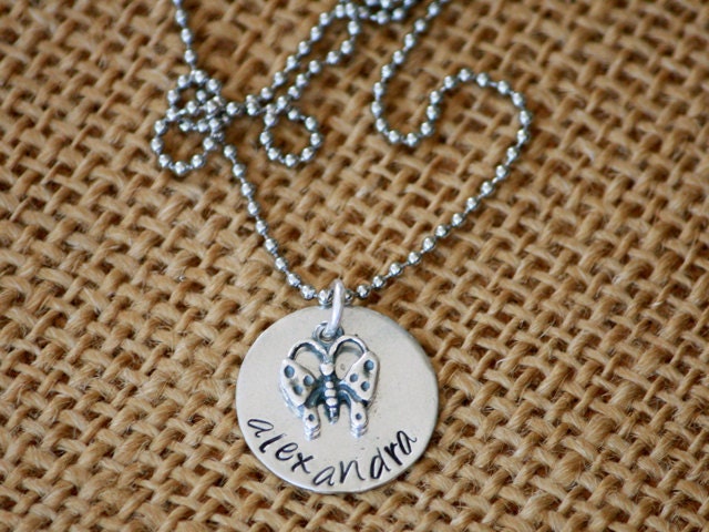 Butterfly Charm, Hand Stamped Personalized Girls Necklace
