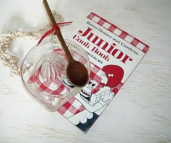 little girl's cooking gift set - better homes and garden cookbook 1978 - vintage pressed glass juicer and wooden spoon -