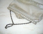 ornate silver english purse - sparkly silver chain, ornate metal frame - shimmery glam handbag - retro shabby chic cottage decor