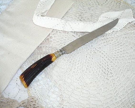 english carving knife - sheffield england by westall richardson - rustic faux deer antler handle - mid century men's gift