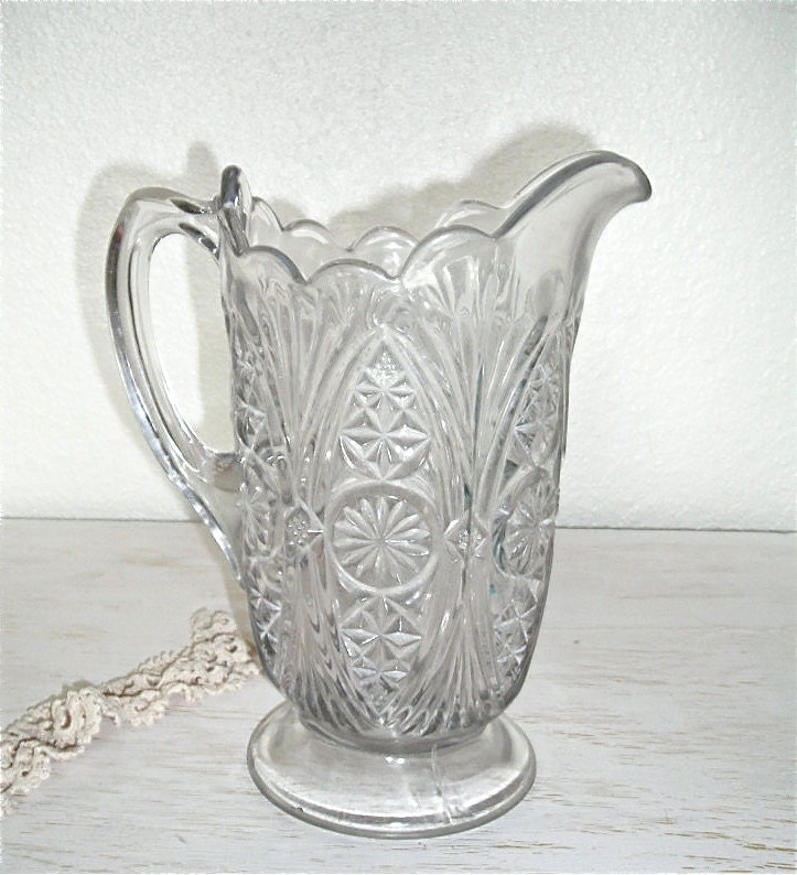 vintage glass pitcher for serving drinks or to hold flowers - shabby chic cottage decor - ornate hollywood regency
