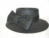 black straw hat with bow - wearable Betmar New York - ornate hollywood regency womens fashion - shabby chic cottage mad men decor