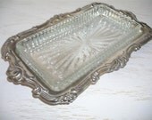 silver butter dish with cut glass insert - ornate vintage crystal - shabby chic cottage decor - hollywood regency