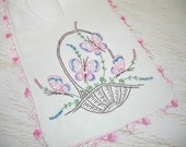 hand embroidered linen - basket of butterflies - vintage shabby cottage chic dresser scarf - pink, blue and white