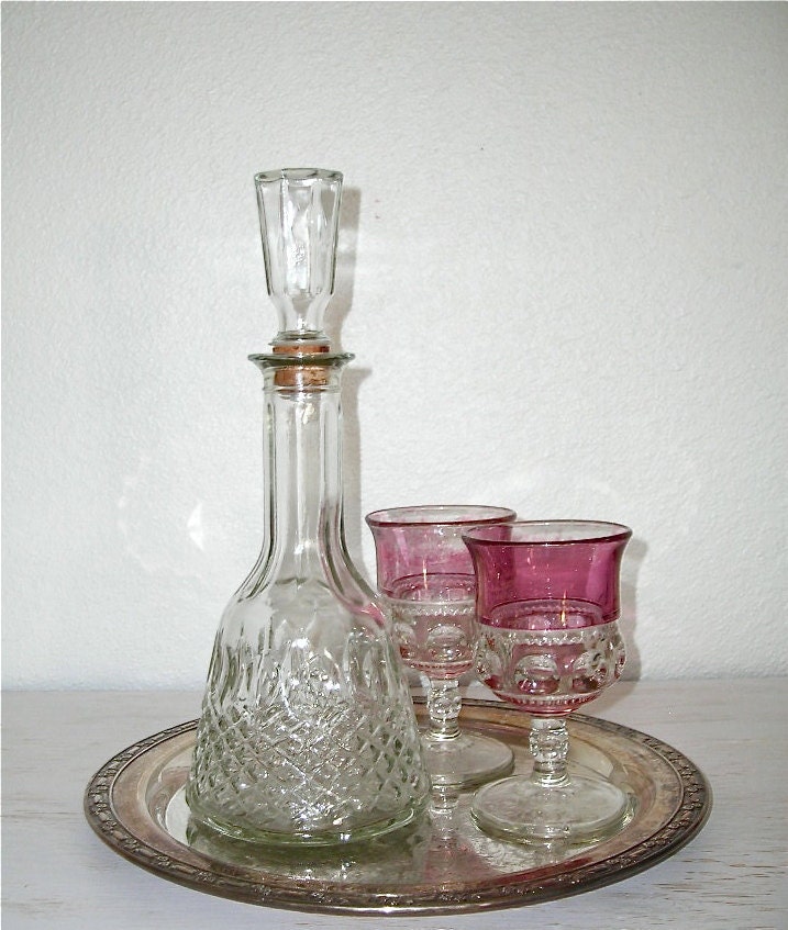 vintage liquor decanter - pressed glass barware - shabby chic cottage decor - ornate hollywood regency glam