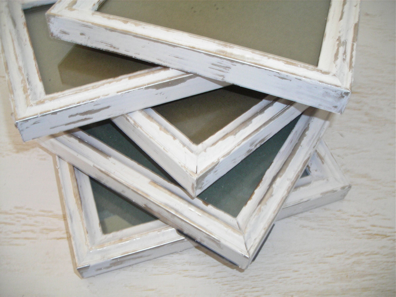 creamy white distressed picture frames with silver and gold accents - set of 5 - instant photo gallery or wedding table decor - cottage chic
