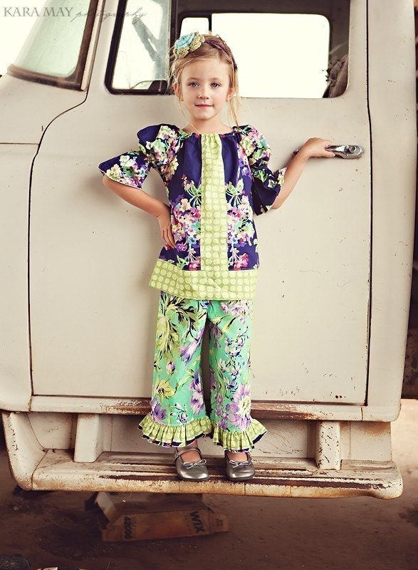 Water Bouquet -  Peasant Top and Double Ruffle Capri Set -- AVAILABLE IN SIZES 6m 12m 18m 2T 3T 4T 5 6 7 8