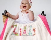 Monogrammed Baby Blanket in MIRAGE, Fuchsia Pink Dot Minky and White Chenille, Personalized with Your Baby Girl's First Name