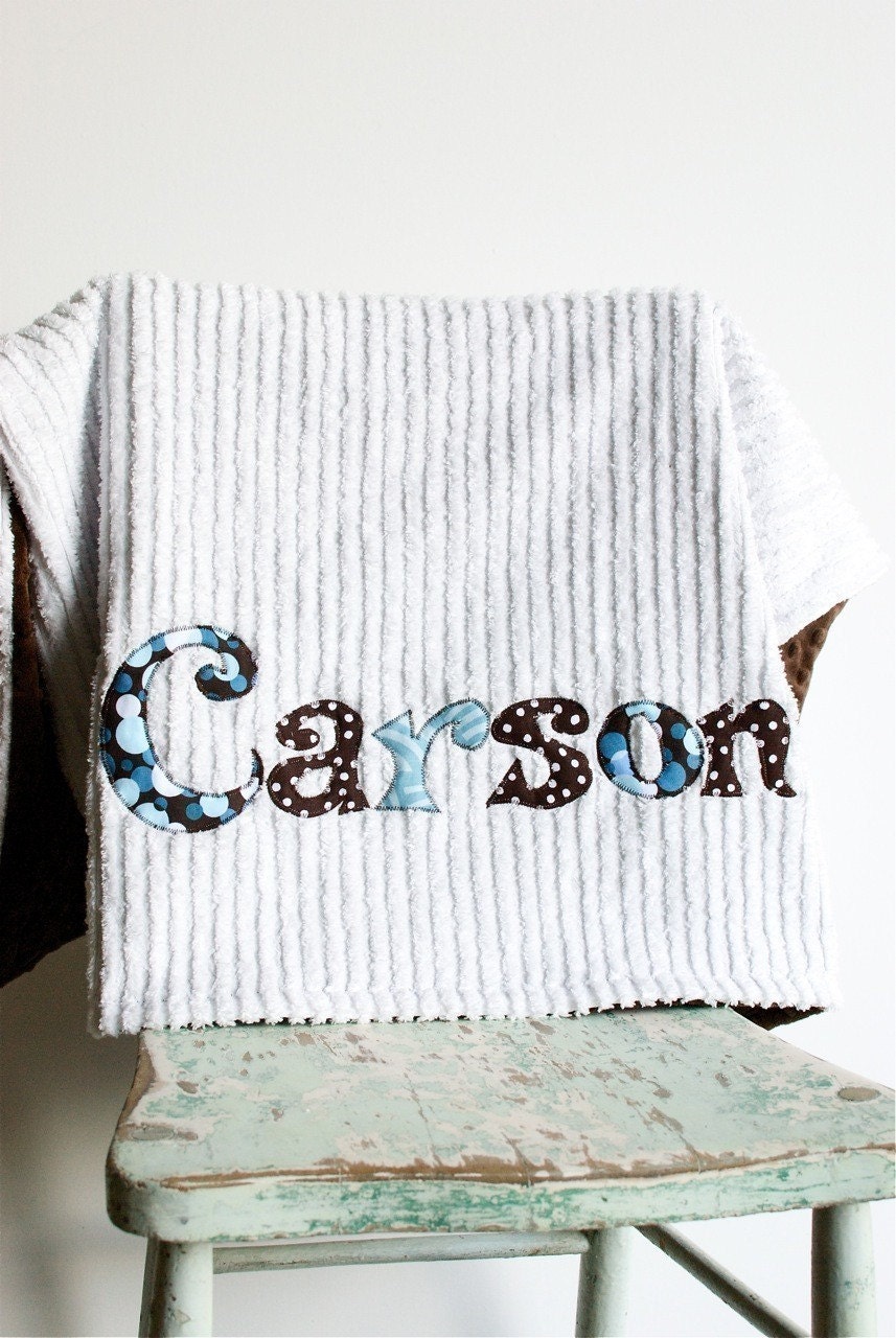 Monogrammed Baby Blanket in RAINDROP, Brown Minky and White Chenille, Personalized with Your Baby Boy's First Name in Designer Fabric