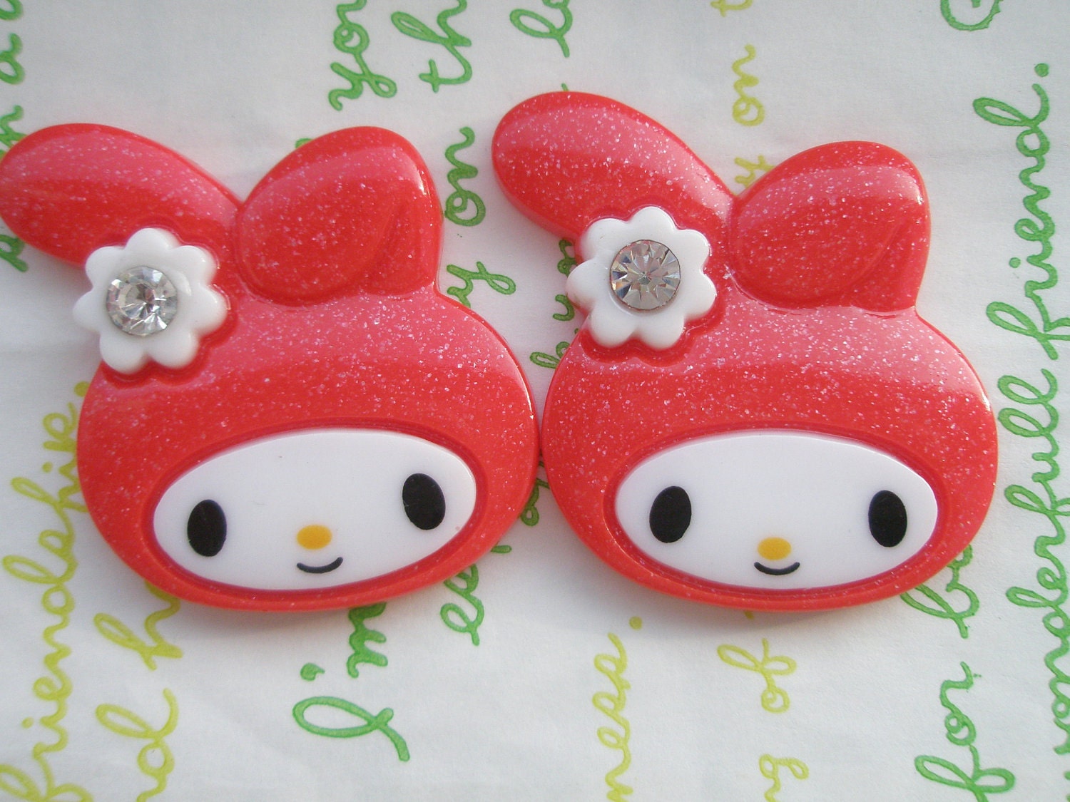 Big Glitter bunny cabochon 2pcs 39mm x 34mm ( Flat ) Red
