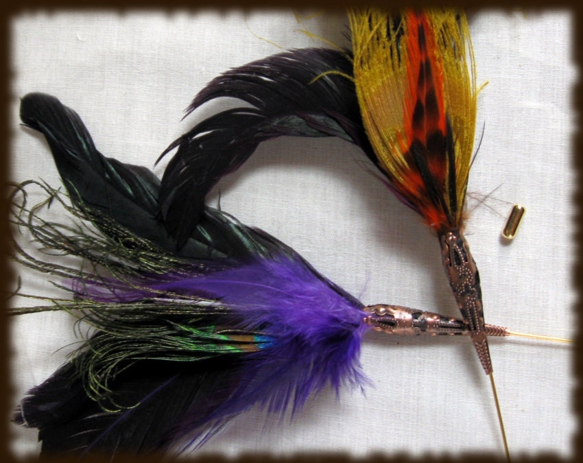 Purple Feathered Boutonniere / Lapel Pin