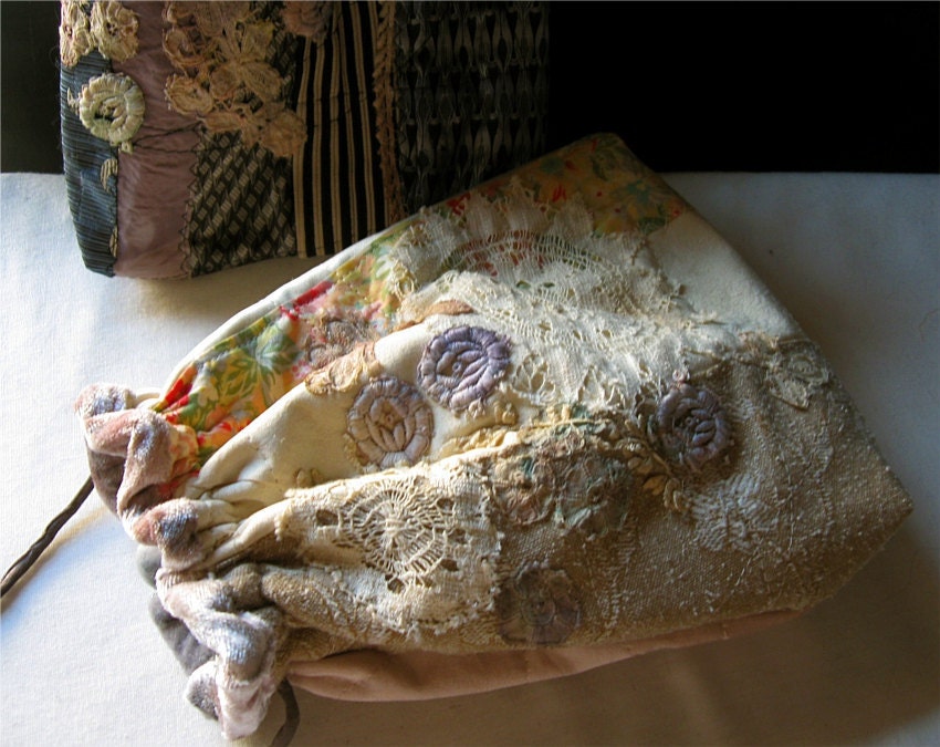 Ivory Tattered Silk Drawstring Reticule