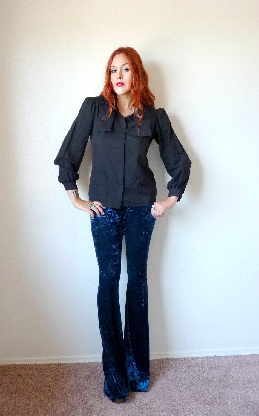 Vintage 70s Black ASCOT BOW Button Up Shirt M L