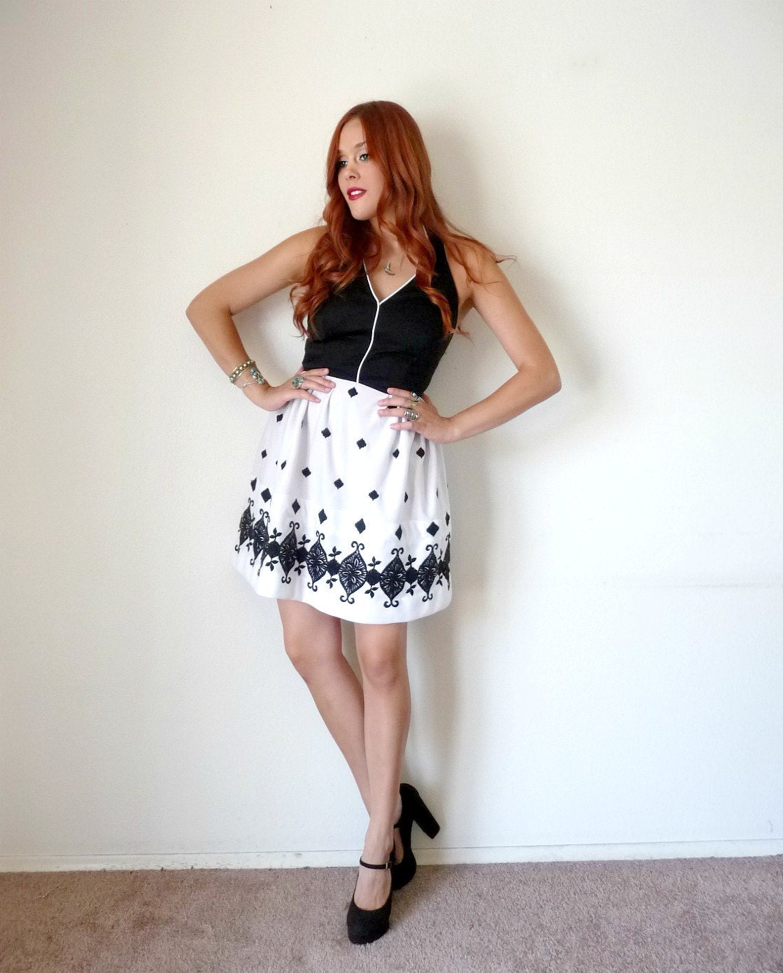 Vintage 60s Black & White EMBROIDERED HALTER Party Dress M