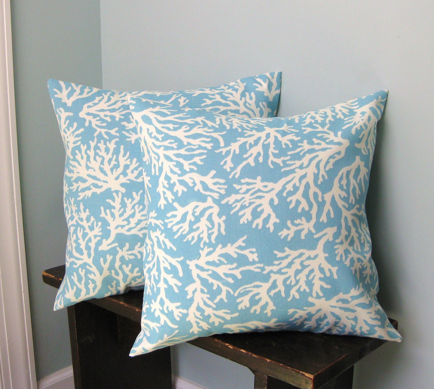 Sea Blue and White Branch Coral Pillow Covers 16x16 Set of 2