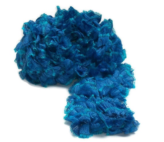 OOAK Hand Knit Ruffled Scarf - Ocean Blue with Turquoise Accent Trim - Spring Fashion- Ready to Ship