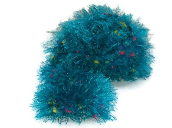 Hand Knit Scarf - Turquoise Fun Fur with Multi Colored Nubs Throughout - Ready to Ship