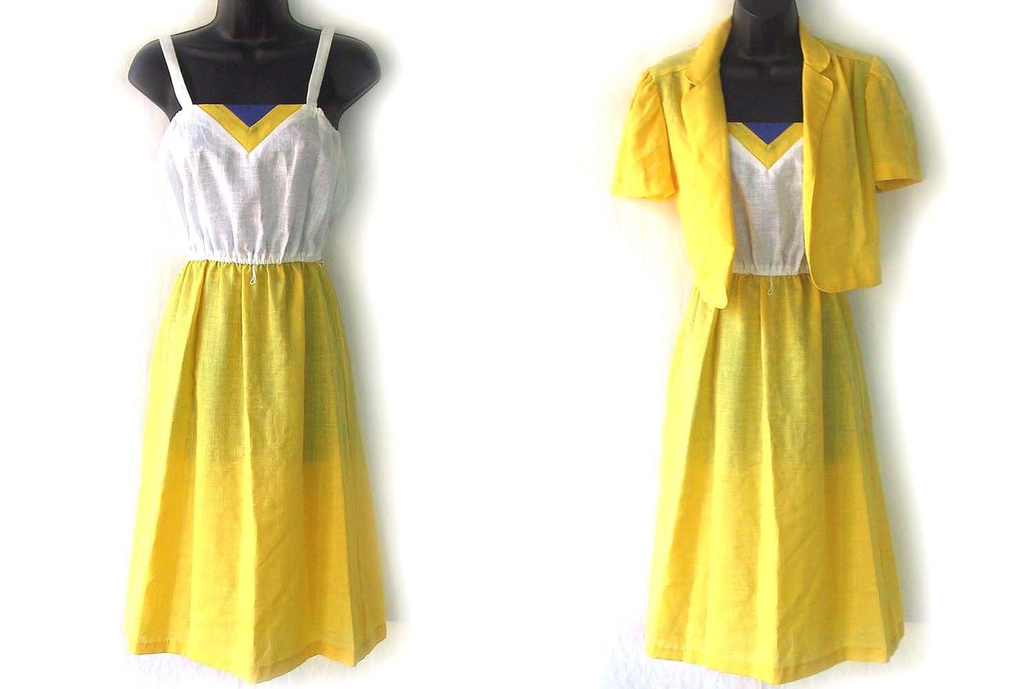 70s Yellow White and Blue Sundress and Jacket S