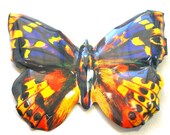 SALE Tin toy BUTTERFLY pin, Japanese metal jewelry brooch in brown, yellow, & orange.