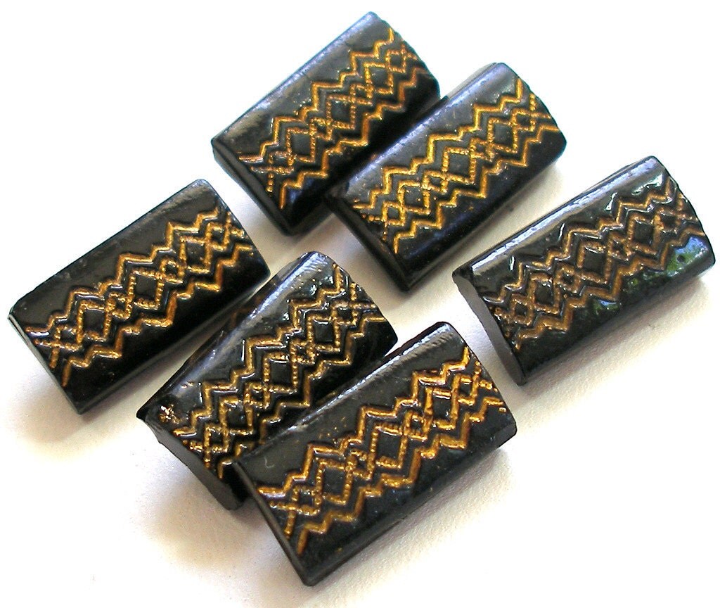 1800s glass buttons, Set of 6 black glass with gold design.