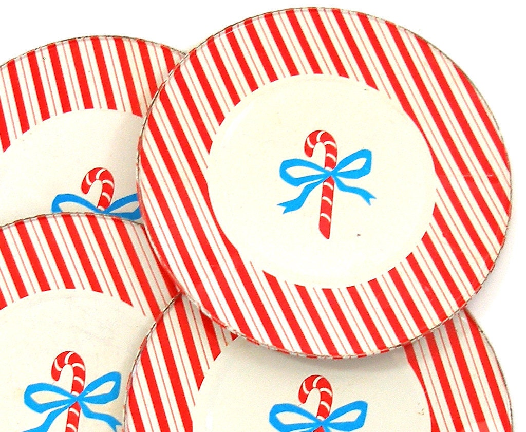 50s Tin Toy tea plates, Candy Cane set of 4 matching by J Chein Co.