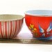 50s Tin Toy Tea cups, Set of 5 vintage metal with litho, hearts & butterflies.
