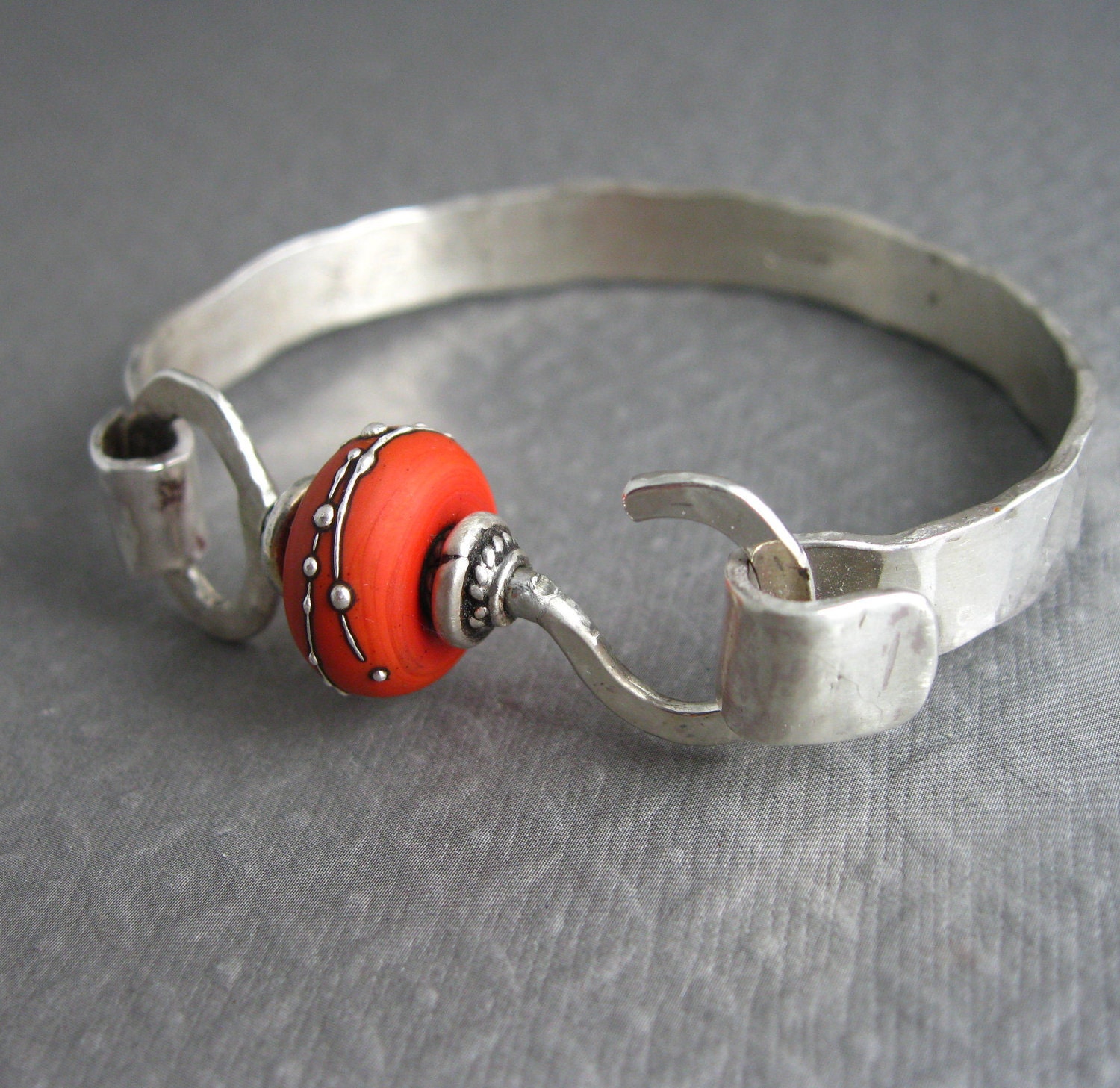 Sterling Silver Bangle Bracelet, Hammered Sterling Bangle with Beaded Latch Artisan Jewelry Handmade