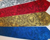 Mens Gold necktie, Paisley Skull tie, Gold tie Black Paisley Skull print