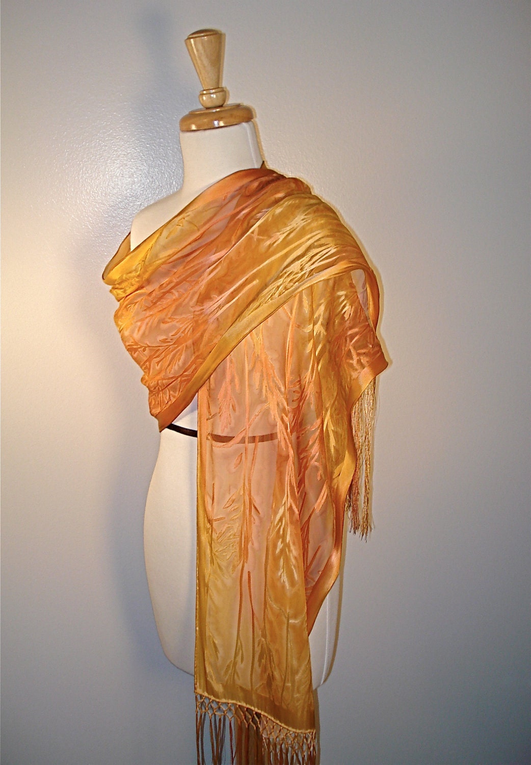 Hand Painted Bamboo Leaf Silk Shawl in Gold and Copper Made to Order