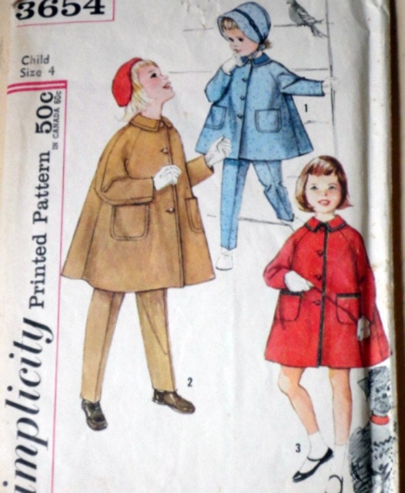 Vintage Simplicity 3654 Sewing Pattern, Child's Coat, Tapered Pants And Hat, Size 4