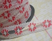 Pink Flower Trim -  White Lace Sewing Embellishment - 6 Yards