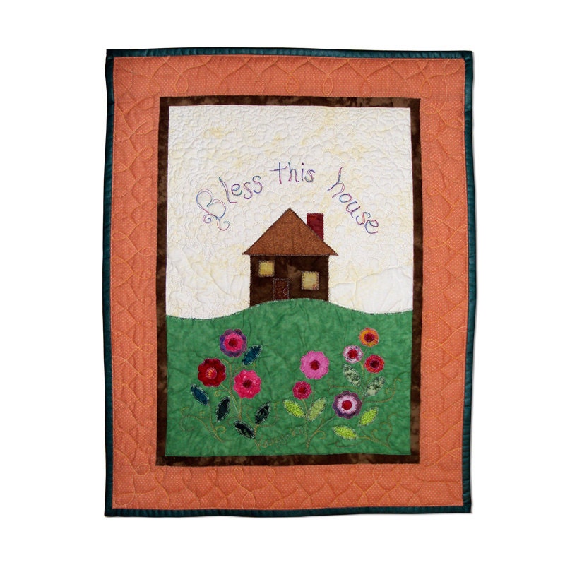 Quilted Folk Art Appliquéd Wall Hanging Bless This House