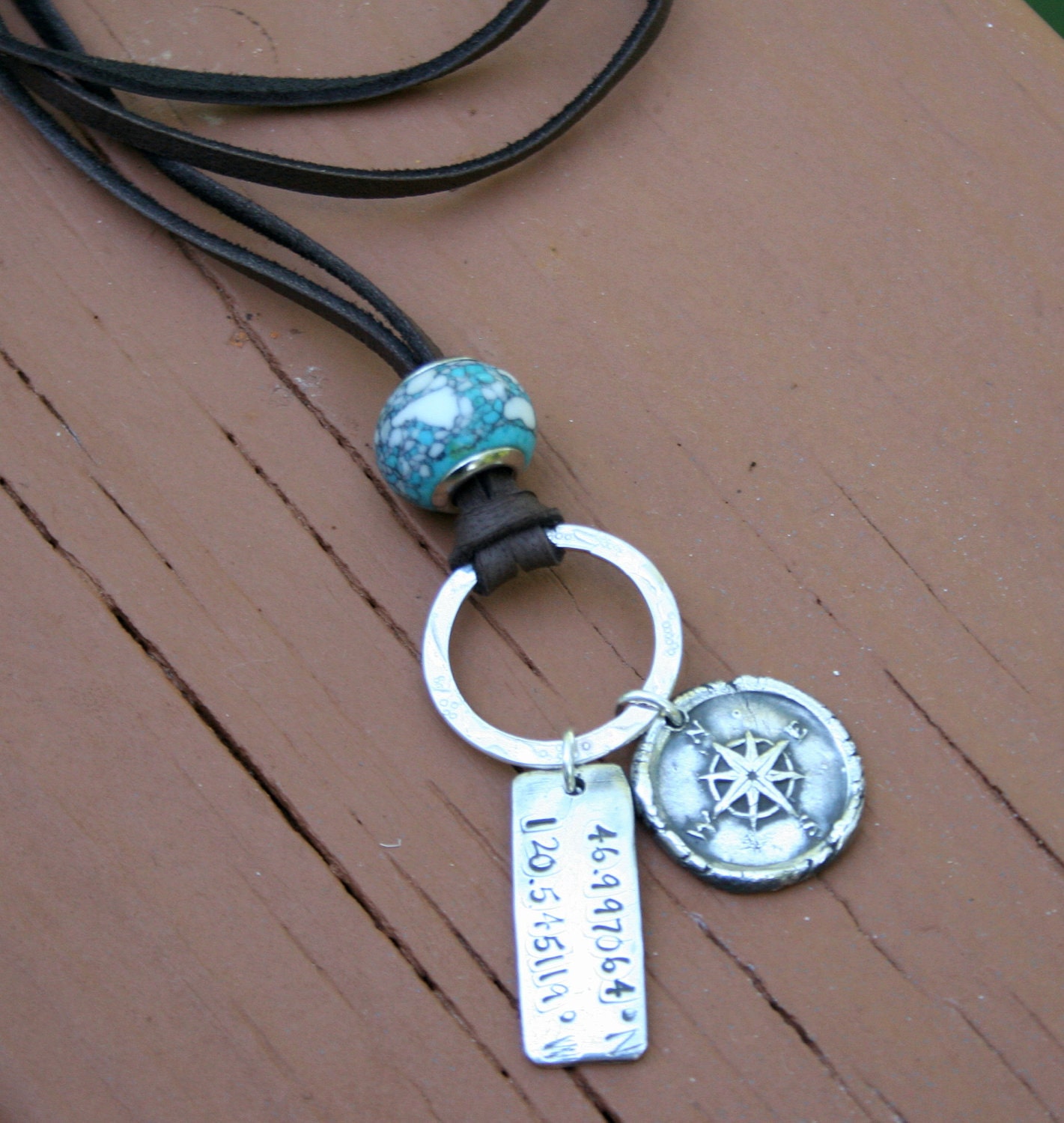 fine silver, leather hand stamped wax seal compass rose lattitude longitude pendant- find your way