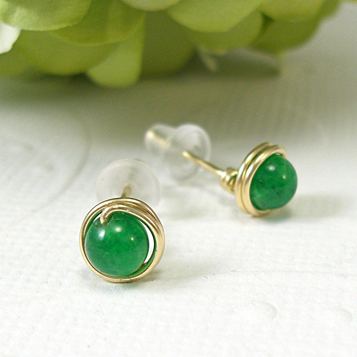 Tiny green jade post earrings gold filled wire wrapped mini - SueRunyonDesigns