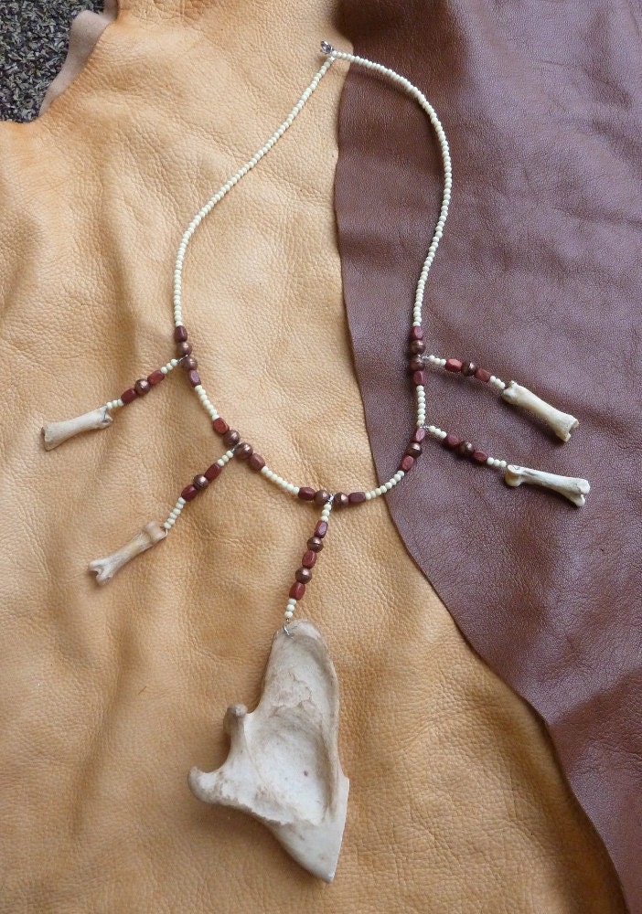 Wolf bone necklace - real wolf jaw bone and toe bones one bone, wood and copper beads totem necklace OOAK