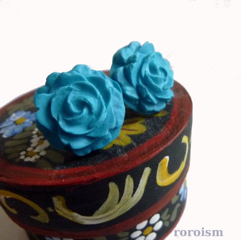 Classic Turquoise Rose - CLIP ON cabochon earrings
