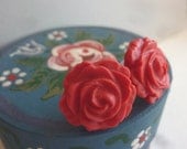 Bright Red Rose -  cabochon STUD earrings, poppy strawberry red, polymer clay flower, made in EU