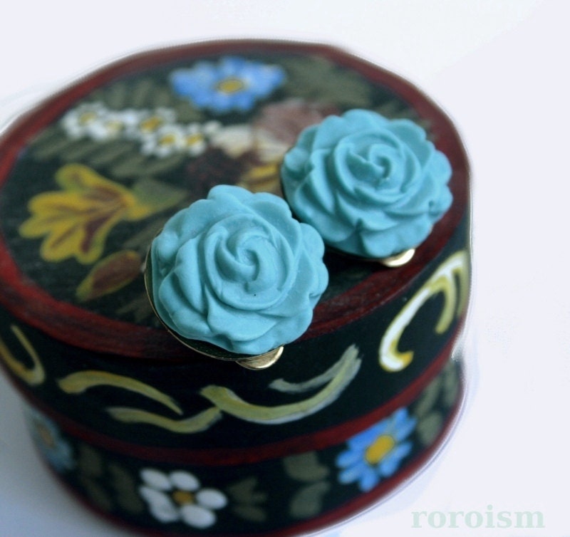 Aqua Blue Rose - cabochon Clip-On earrings, clips, non pierced, teal resin flower